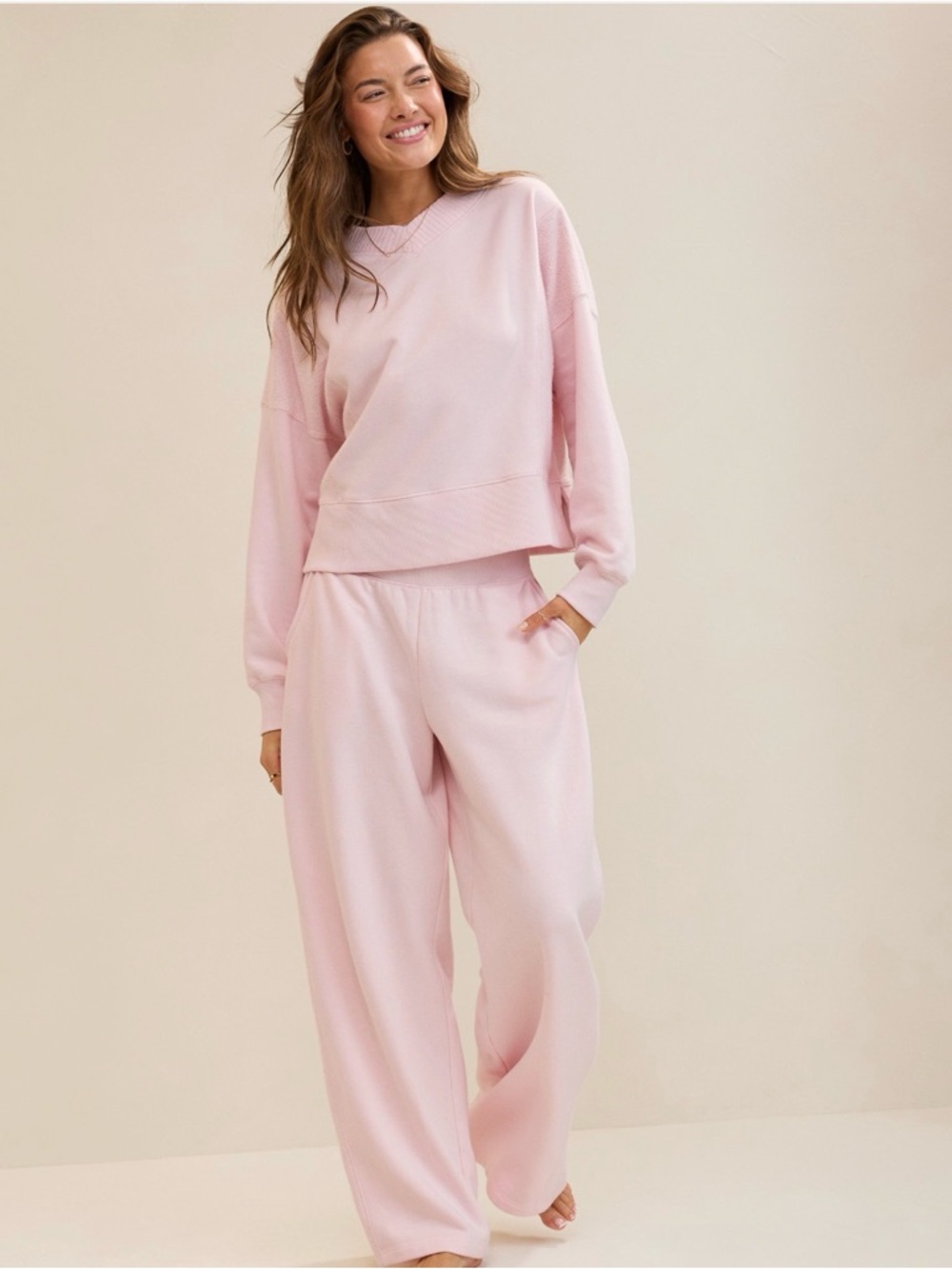 Aerie Apres-Chill Sweatshirt Large NWT Pink Petal Cozy Textured Pullover - Picture 5 of 12